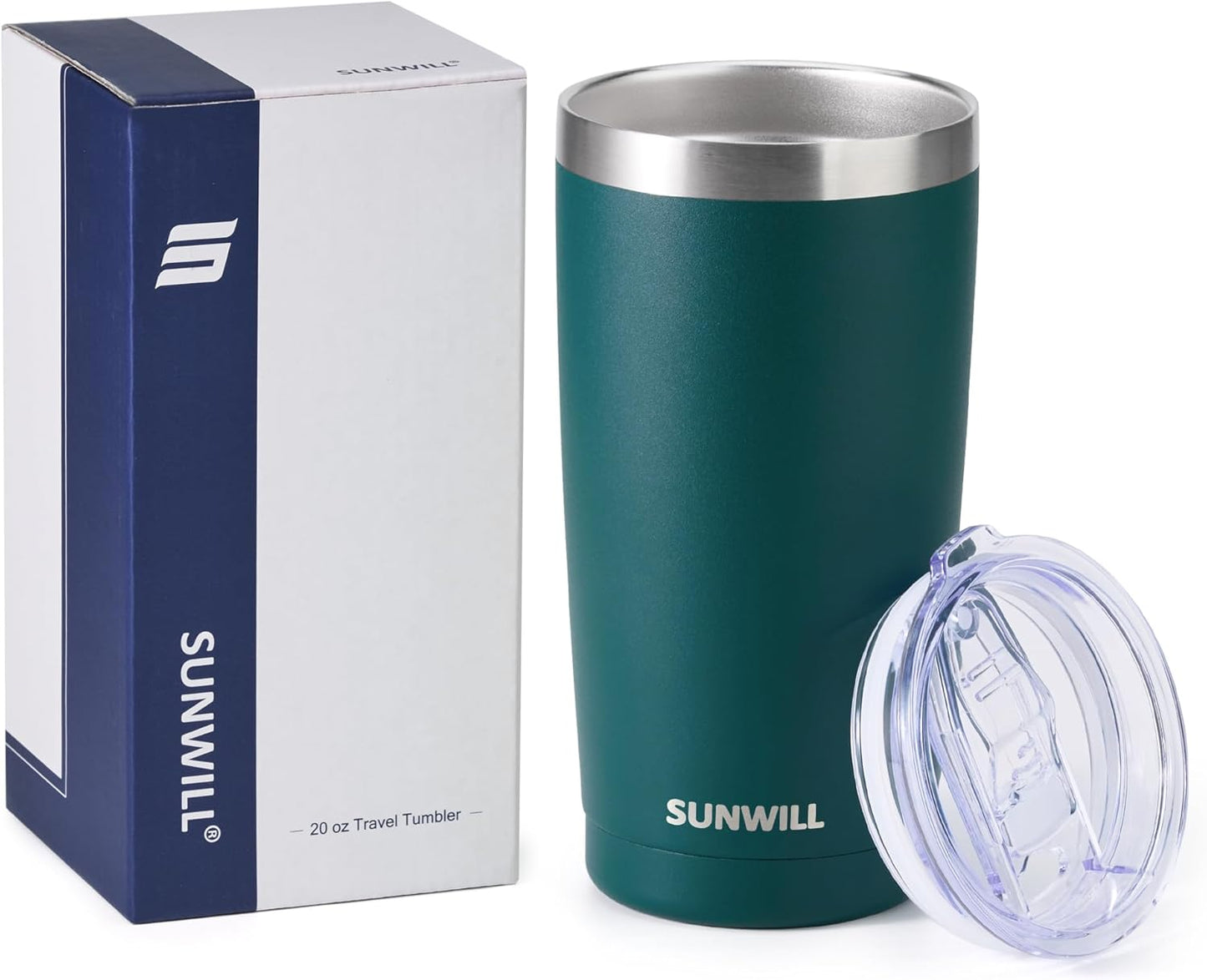 SUNWILL Travel Coffee Tumbler 20 oz, Insulated Mug with Lid, Stainless Steel Cup for Outdoor, Powder Coated Dark Green