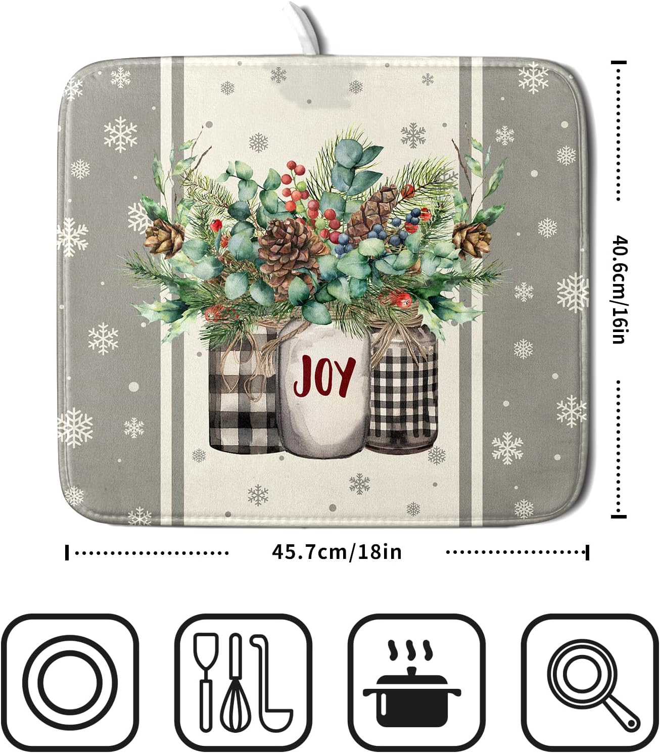 Winter Christmas Dish Drying Mat 16x18 for Kitchen Counter Xmas Joy Poinsettia Flower Berry Snowflake Absorbent Microfiber Fast Dry Dishes Draining Mats Holiday Kitchen Decor