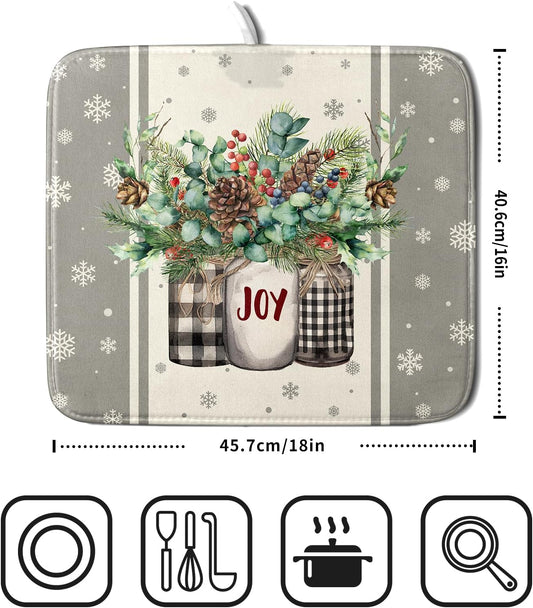 Winter Christmas Dish Drying Mat 16x18 for Kitchen Counter Xmas Joy Poinsettia Flower Berry Snowflake Absorbent Microfiber Fast Dry Dishes Draining Mats Holiday Kitchen Decor