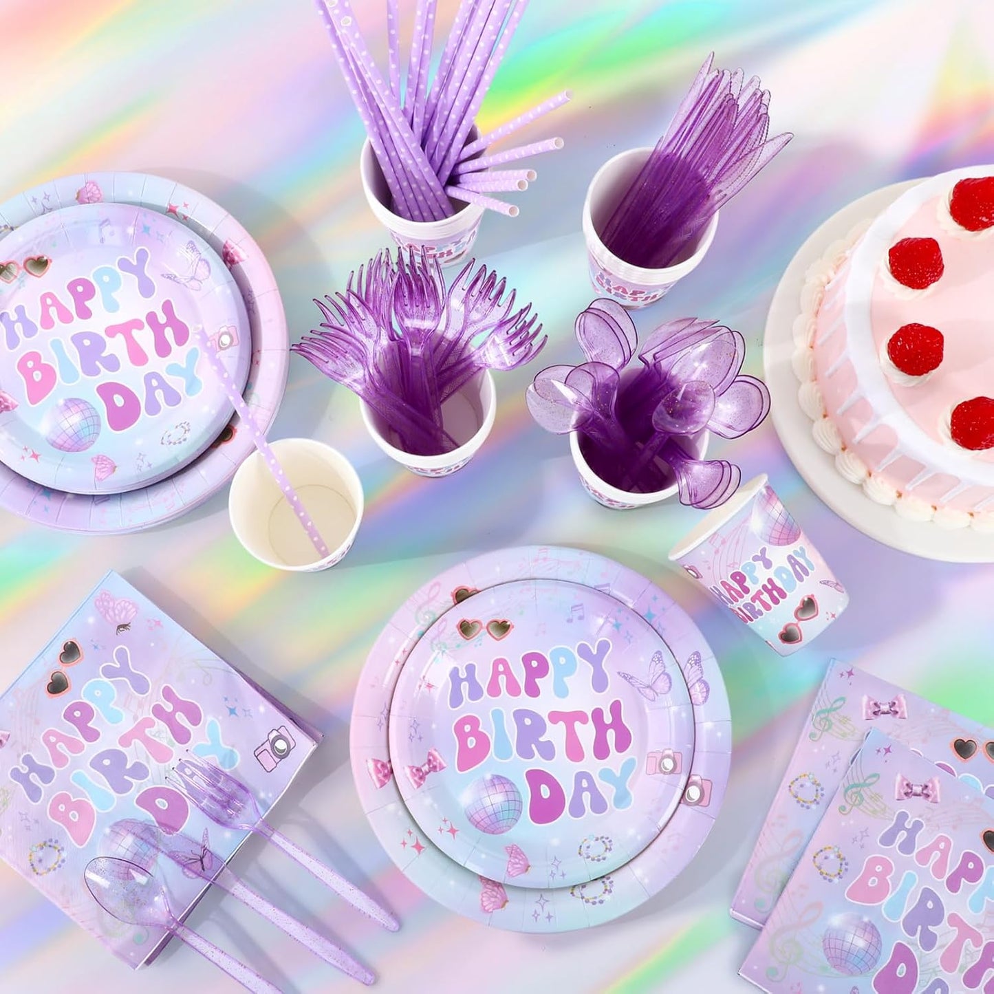 Sawysine 202 Pcs Iridescent Happy Birthday Party Supplies Disposable Dinnerware Set 50 Plates 25 Cups 25 Napkins 25 Plastic Forks 25 Knives 25 Spoons 25 Straw Flag Tablecloth to Serve 25 Guests