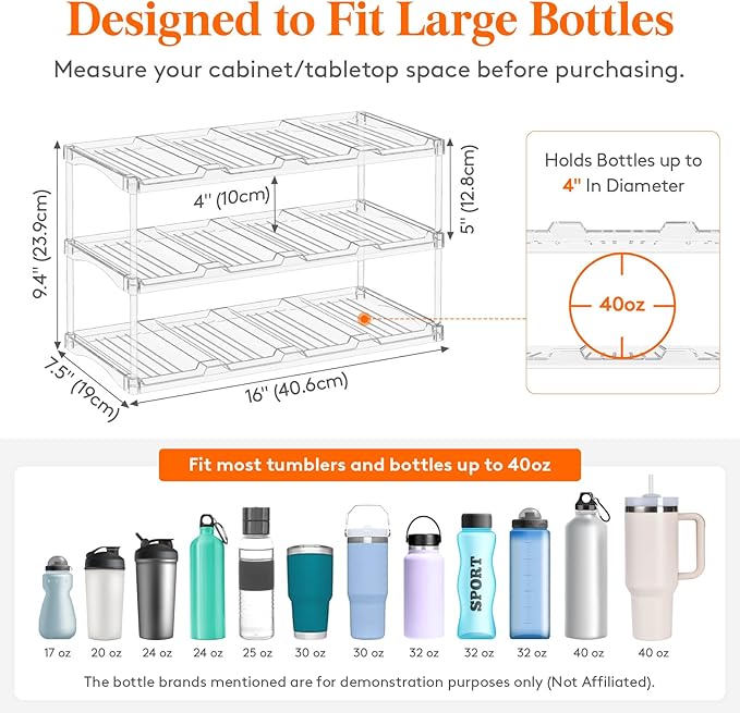 Lifewit Stackable Water Bottle Storage Organizer, Clear Tumbler Cup Mug Organizer, Plastic Large Compartment Wine Rack for Fridge Cellar Kitchen Pantry Storage, 3Tier Hold 12