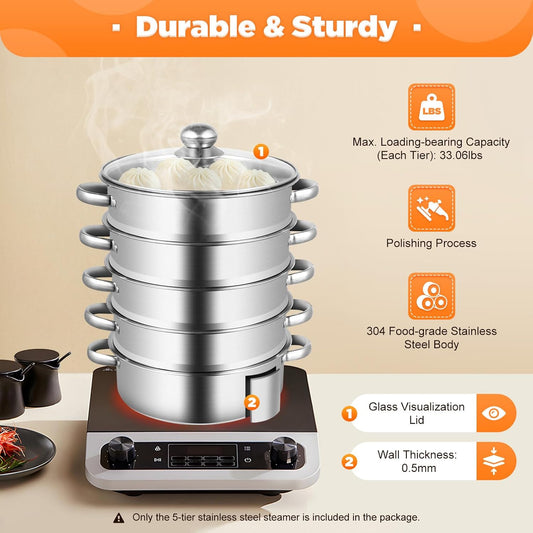 Stainless Steel Steamer Pot 5 Tier 26cm, Food Steamer Steam Pots With Lid, Steam Pots For Cooking Vegetables Dumpling Seafood Soups Stews Pasta