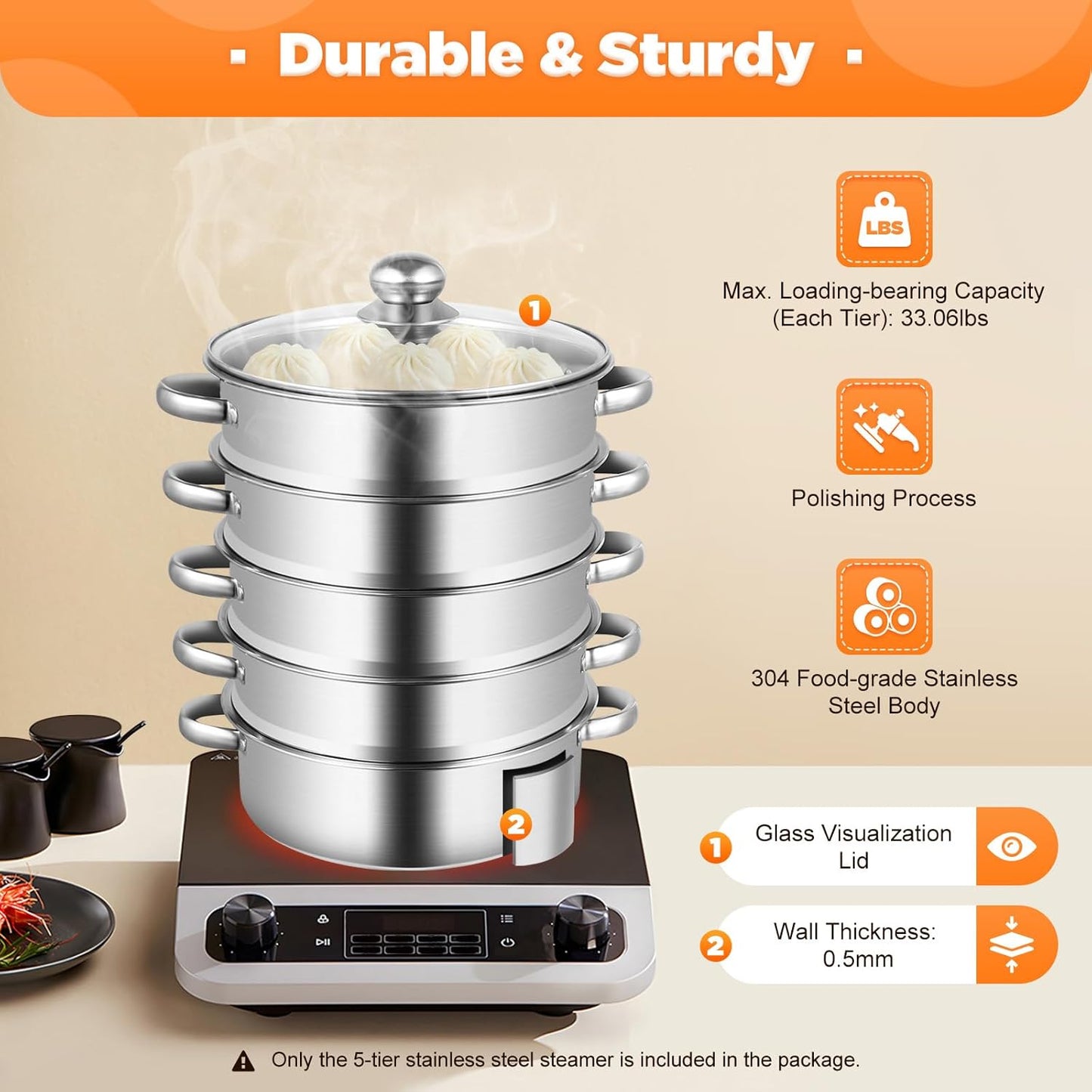 5 Tier Stainless Steel Steamer Pot Food Steamer Cooker,Stackable Vegetable Steam Pot with Glass Lid,Kitchen Multi Tier Steamer Cookware Pot for Cooking Corn,Dumpling,Fish (26cm)
