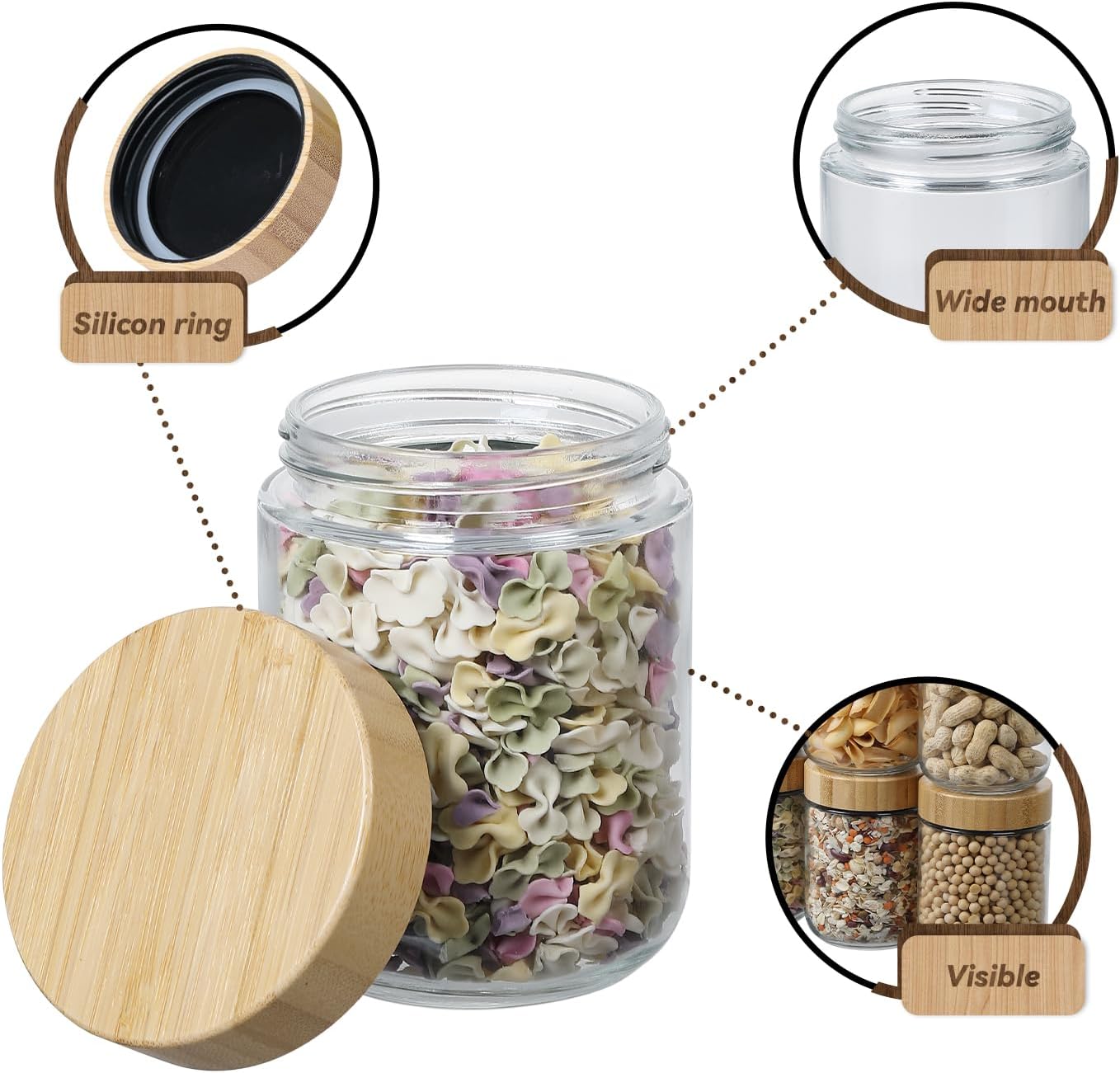 16 Oz Overnight Oats Containers 16 OZ Mason Food Jars With lid Wide Mouth Glass Food Storage (6 Pack Bamboo Lid)