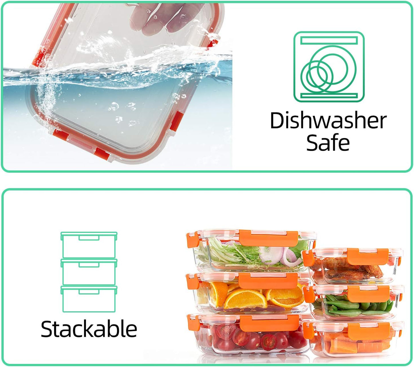 C CREST [10-Pack] Glass Food Storage Containers - Food Prep Containers with Lids - Microwave, Oven, Freezer and Dishwasher Safe