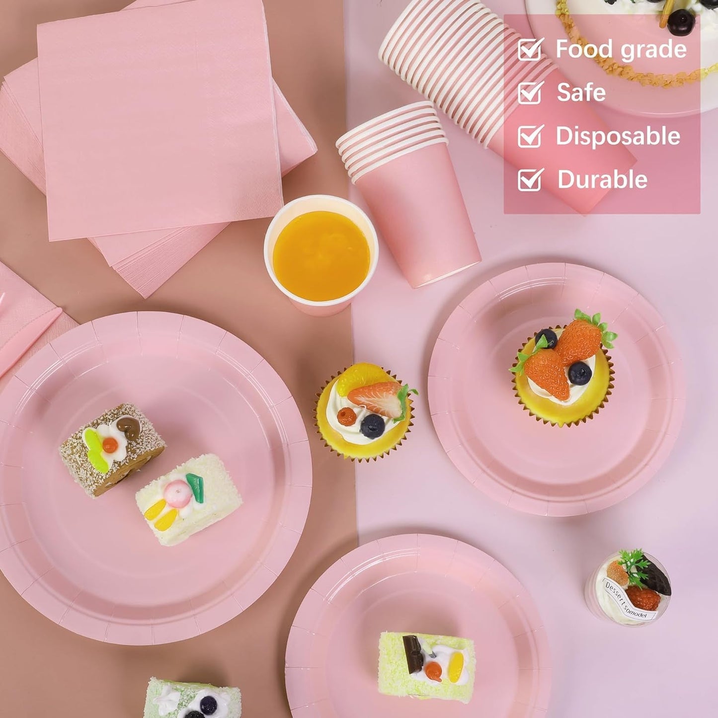 durony 350 Pieces Pink Paper Dinnerware Set 7 Inch 9 Inch Disposable Dinner Plates Sever 50 Guests Paper Cup Cutlery Napkins Solid Color Party Supplies for Birthday Wedding Party Family Picnic