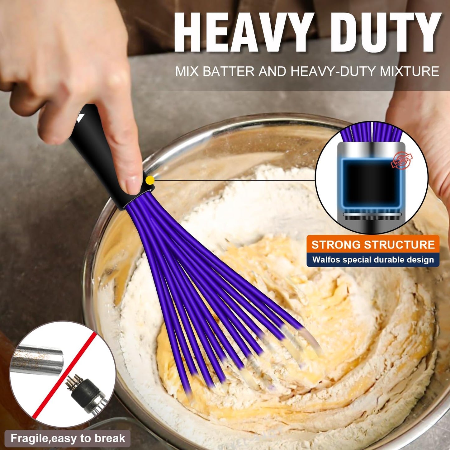 Walfos Whisk,7+9+11in Silicone Whisks for Cooking Non Scatch,Kitchen Whisk,BPA Free and Heat Resistant 480°F,Wisk Perfect for Frothing,Blending,Beating.Dishwasher Safe 3pcs Dark Purple