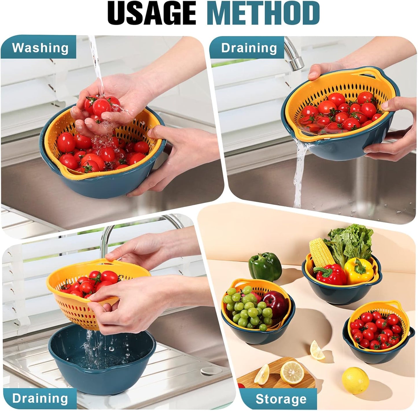 6 Pieces Colander with bowl, Food Strainer for Pasta Veggies and Fruits, BPA Free, Dishwasher Safe (blue)