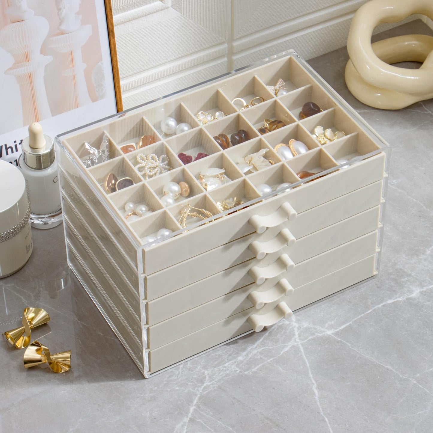 Earring Storage Box Organizer, Acrylic Jewelry Storage Box Holder 5 Drawers Transparent Jewelry Display Stand with 120 Small Compartments Gift Boxes for Women Girls (Beige)