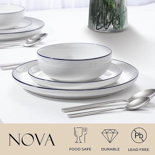 Zulay Kitchen Nova Porcelain Dinnerware Set, Service For 6 - Chip & Scratch Resistant White Plates And Bowls Sets - Microwave & Dishwasher Safe - White With Blue Rim