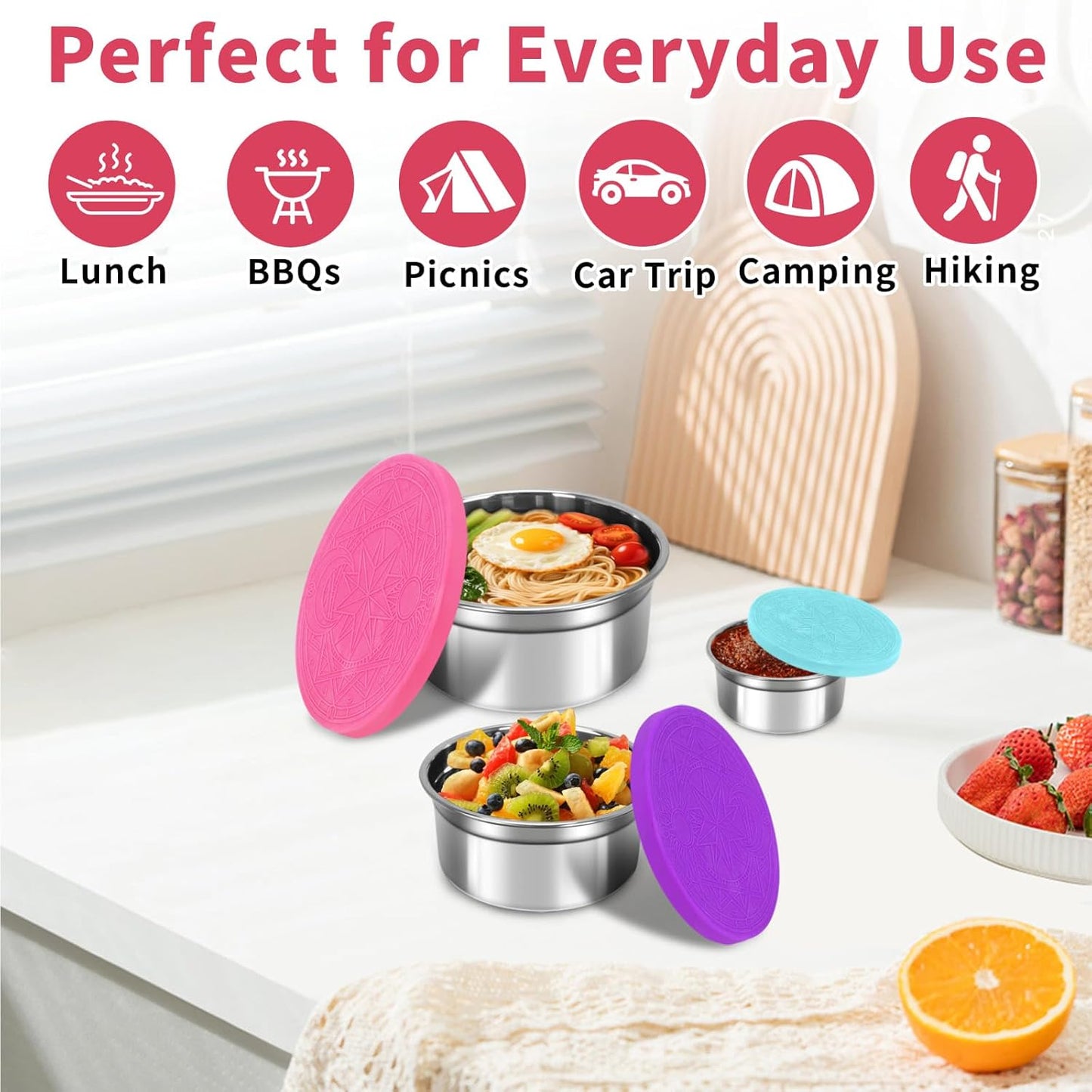 6 Pack Reusable Stainless Steel Snack Containers with Lids Set, Round Nesting Salad Dressing Container To Go, Metal Food Storage Containers for Lunch Box Meal Prep Bowls (Size 38, 24, 12, 6, 4, 2oz)