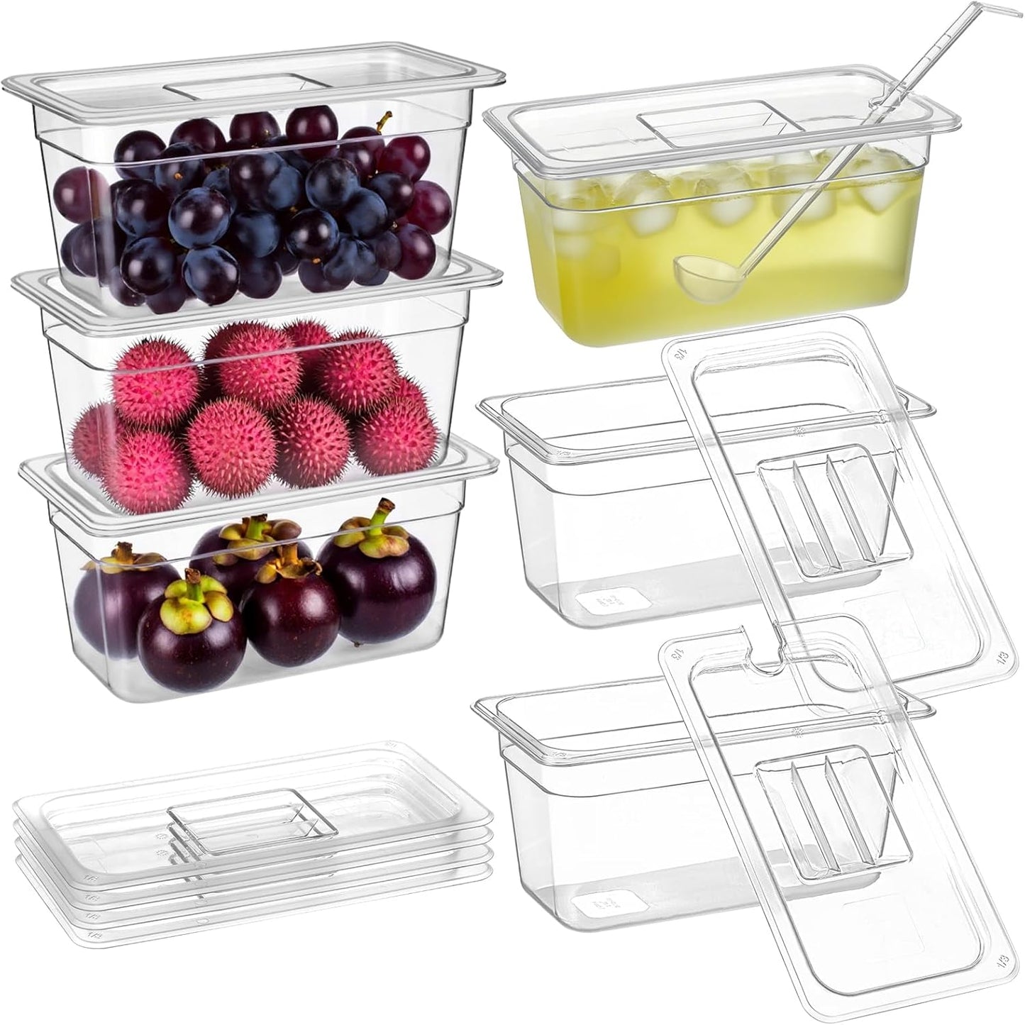 6 Pack Plastic Food Pans with Lids, 1/3 Size 6'' Deep Clear Commercial Stackable Polycarbonate Pans Hotel Food Storage Pan with 1 Pcs Spoon for Fruits Vegetables