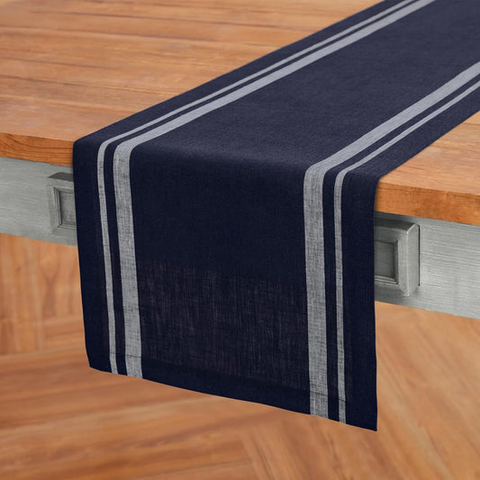 Solino Home Linen Table Runner 72 Inches Long - 100% Pure Linen White and Navy French Stripe Table Runner 14 x 72 Inch for Dining, Dresser, Christmas, Holiday