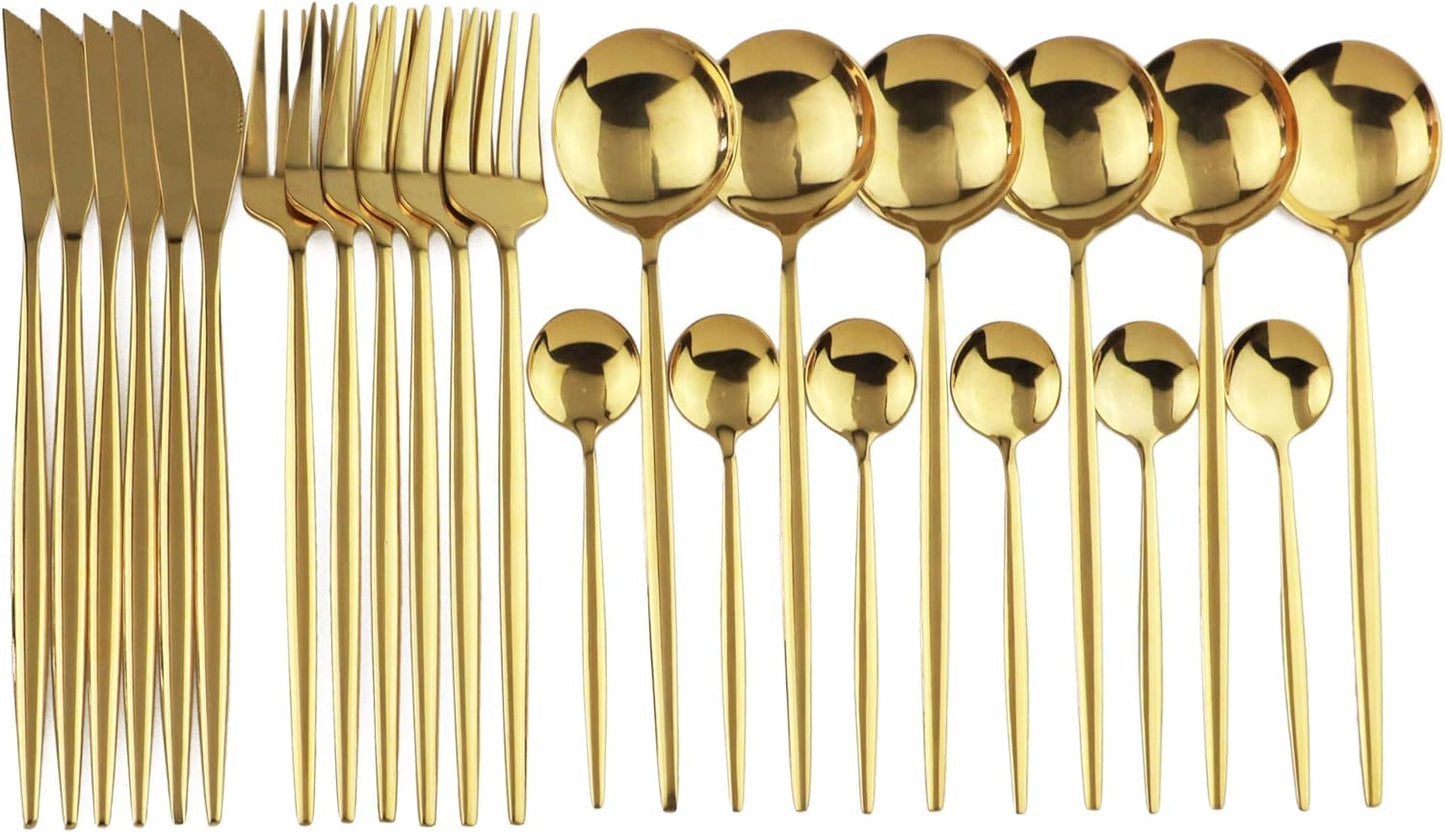 24-Piece Flatware Set, 18/0 Stainless Steel Knife Fork Spoon Teaspoon Silverware Set, Service for 6, MIrror Gold