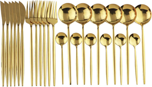 24-Piece Flatware Set, 18/0 Stainless Steel Knife Fork Spoon Teaspoon Silverware Set, Service for 6, MIrror Gold