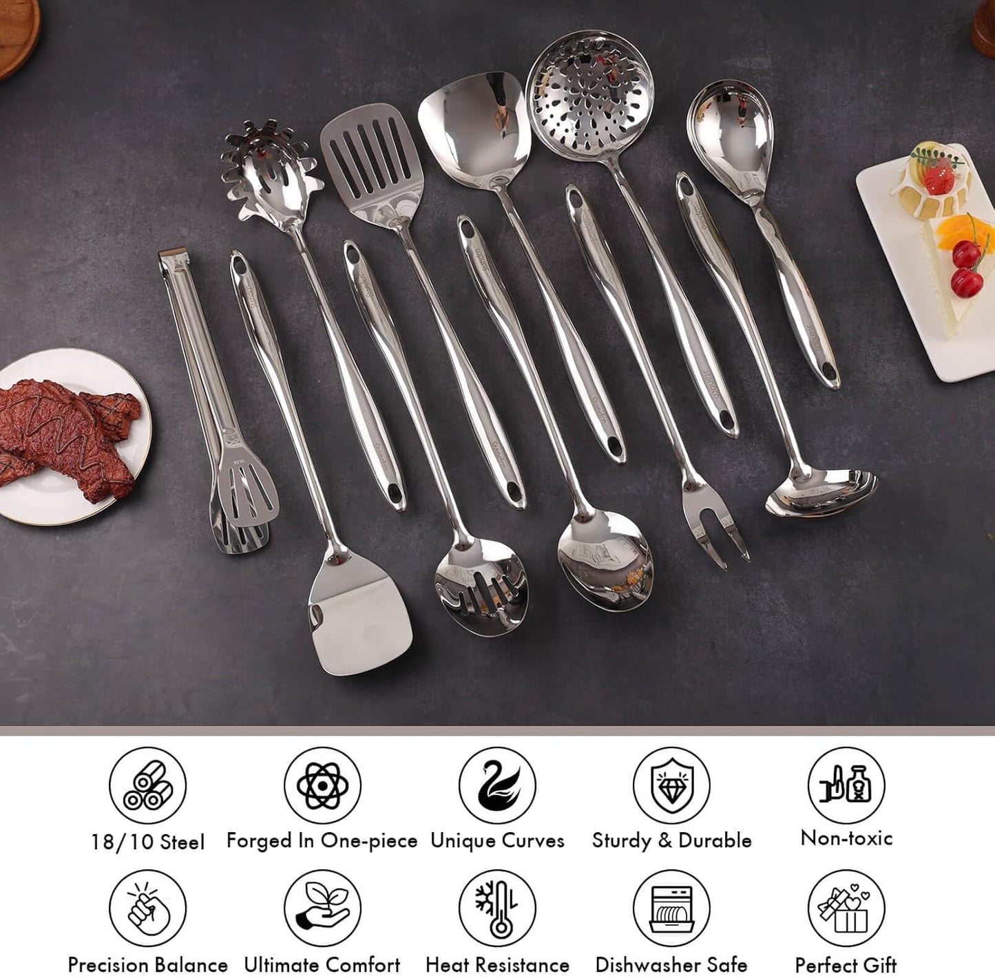 18/10 Stainless Steel Kitchen Utensils Set with Holder - 15″ Spatula Spoon Set with Storage Organizer for Countertop, Fork, Tongs, Spatula, Ladle, Skimmer, Turner, Spaghetti, Large Spoon Set of 12