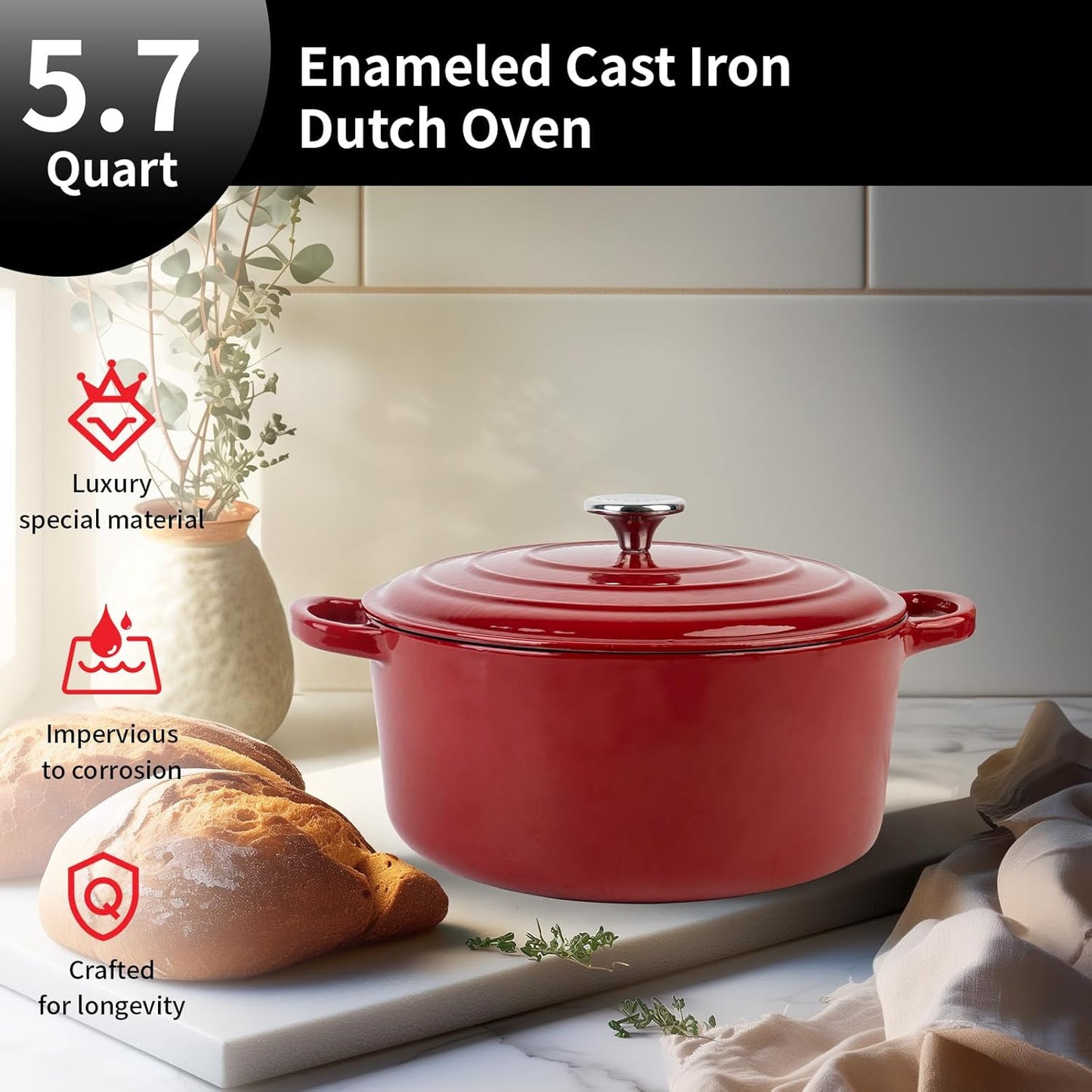 Enameled Cast Iron Dutch Oven Pot with Lid, 5.7 Quart Dutch Oven for Bread Baking, Oven Safe up to 500° F, Suitable for Bread Baking, Braising, Roasting, Stews, Red