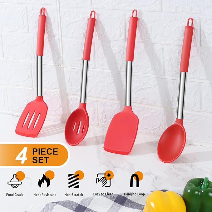 Cooking Utensils Set of 4, E-far Silicone Kitchen Utensils for Non-stick Cookware, Heat Resistant & Non-toxic Slotted Spatula Solid Spoon Turner for Flipping Mixing Serving Basting(Red)