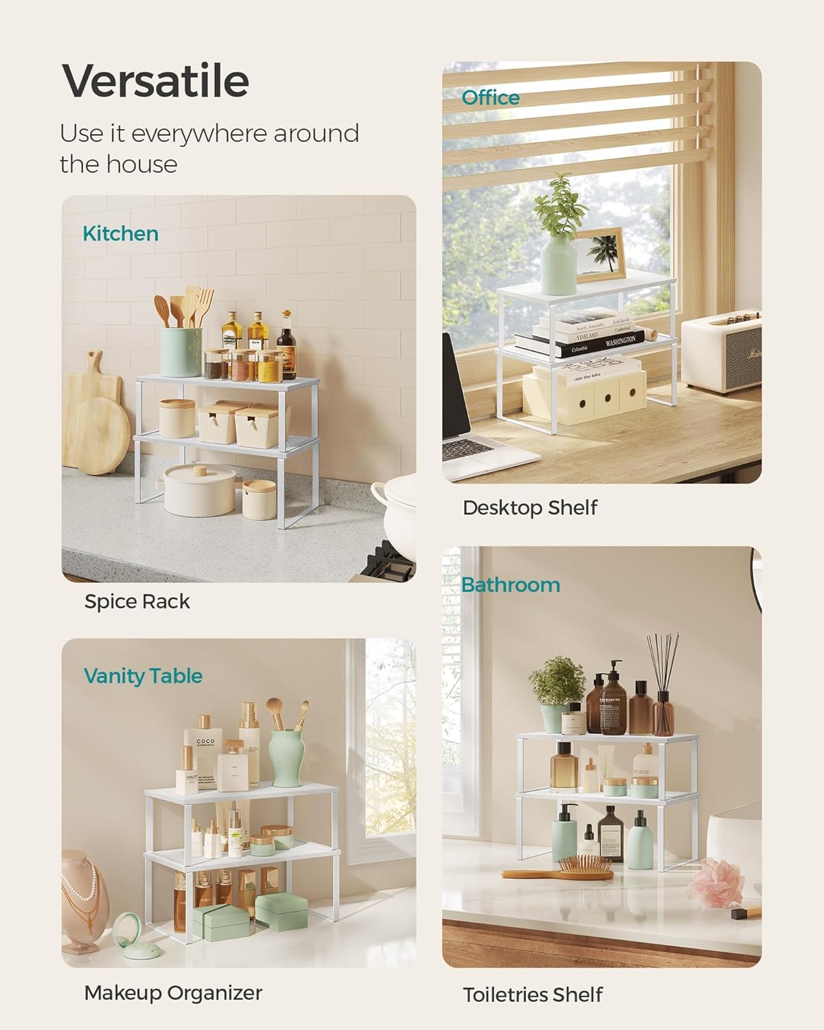 SONGMICS Cabinet Organizer Shelf, Set of 4 Kitchen Counter Shelves, Kitchen Storage, Spice Rack, Stackable, Expandable, Metal and Engineered Wood, Cloud White and Snow White UKCS028W01