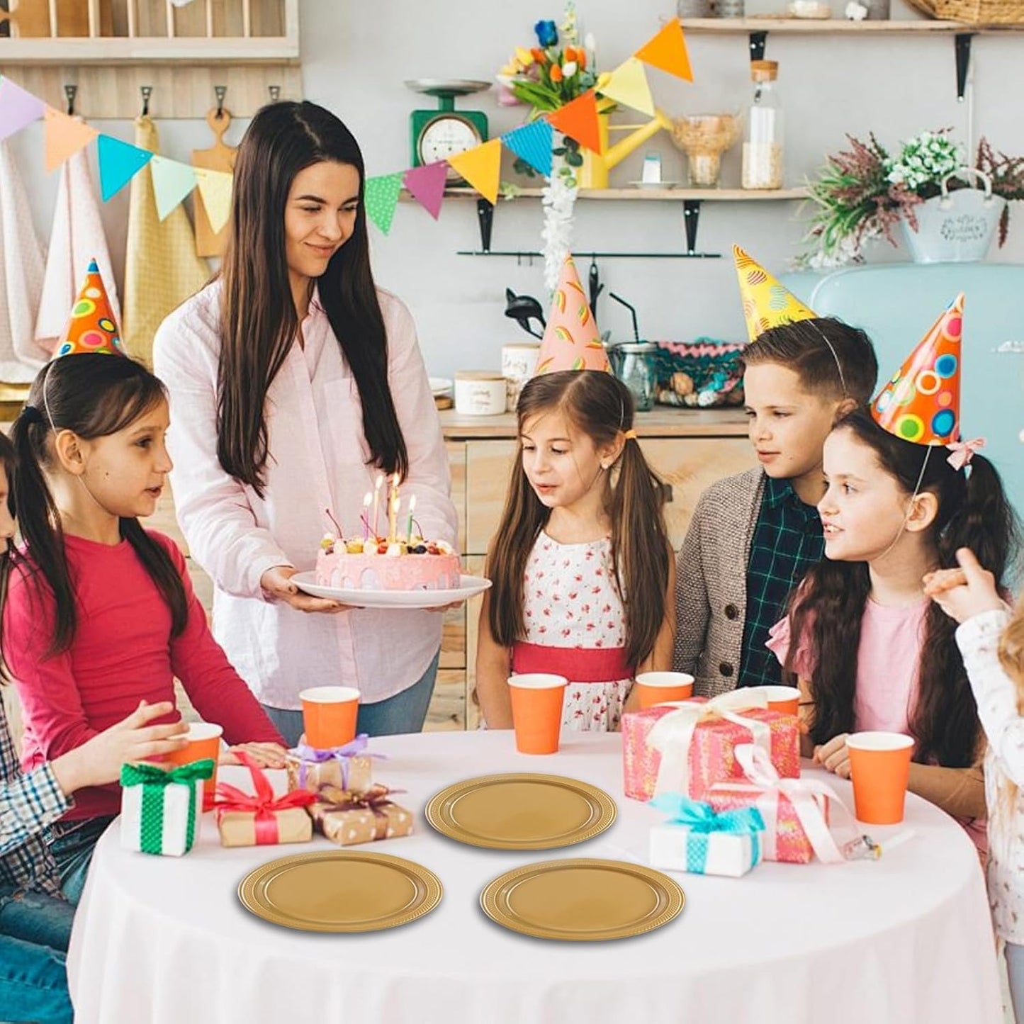 100pcs 7 Inch Elegant Gold Plastic Plates Disposable Dessert Plates - Heavy Duty Gold Dinner Plates for Birthday, Wedding,Valentines Party Supplies