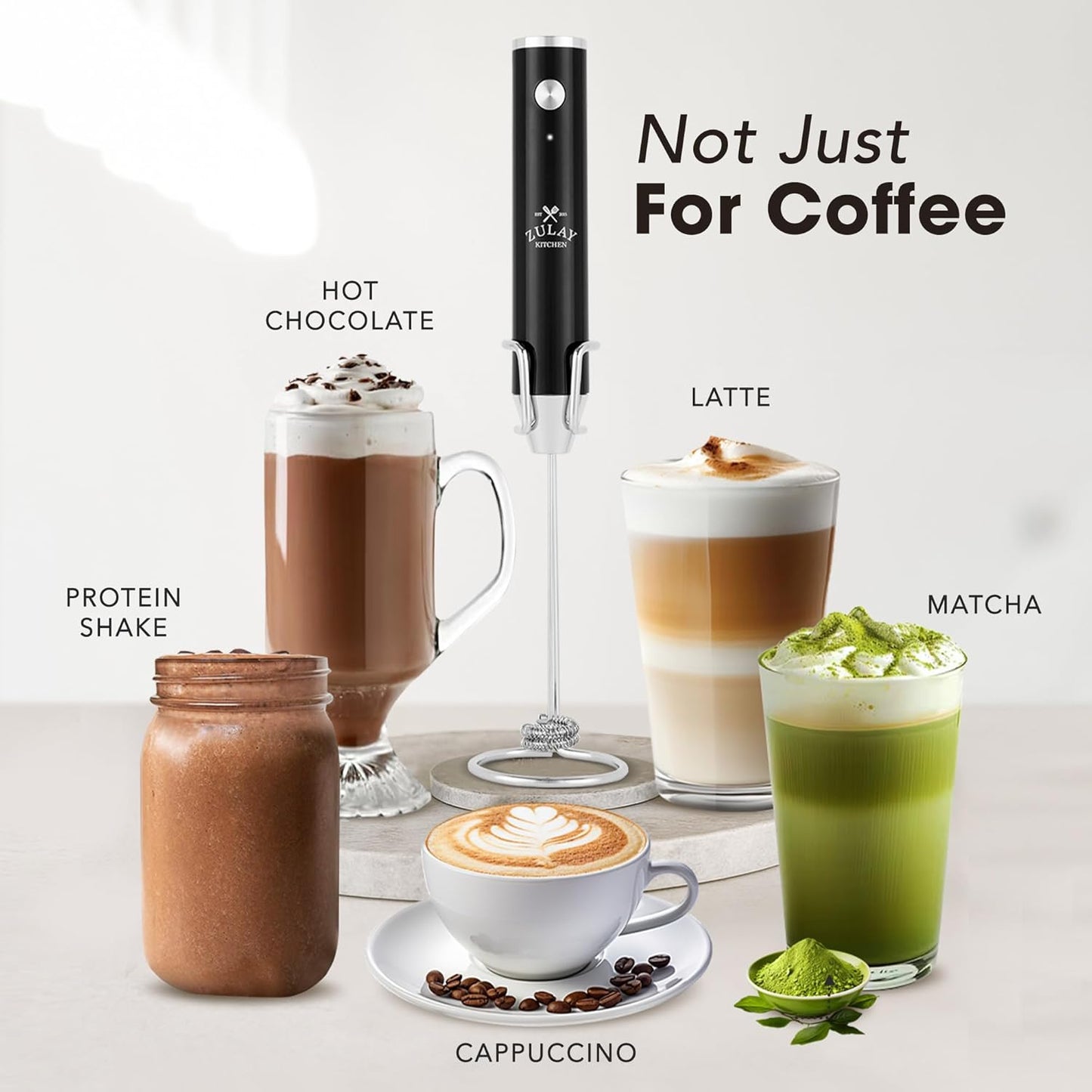 Zulay Kitchen Lux Rechargeable Milk Frother Handheld, 4 Included Whisks - Powerful 2-Speed Motor, Fully Waterproof, 2000mAh Battery - Drink Mixer For Latte, Cappuccino, Matcha, Protein Powder