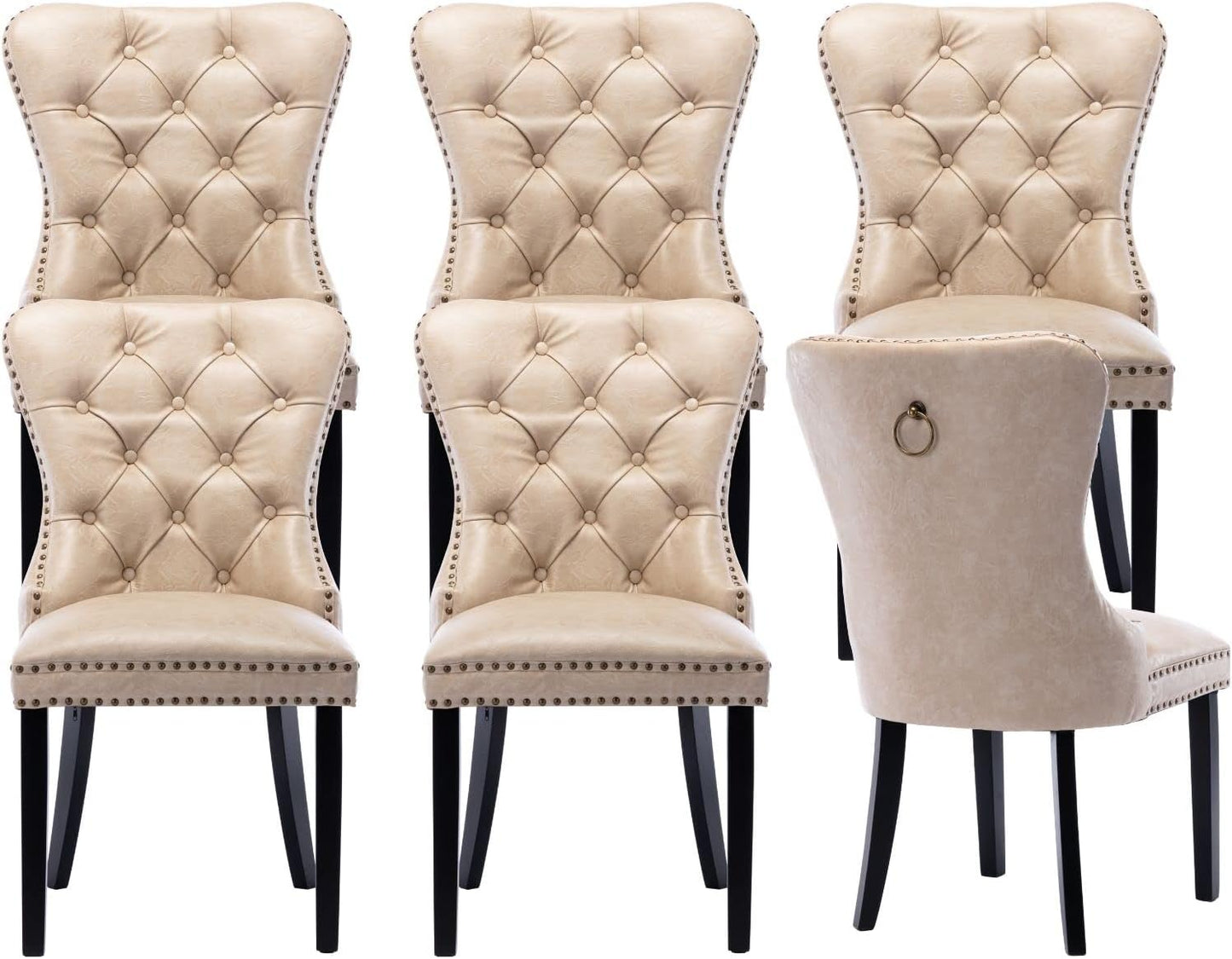 Beige Leather Dining Chairs Set of 6 Mid Century Modern Tufted Chairs Armless Rubber Wood Vintage Chairs Upholstered Nailhead PU Side Chair with Pull Ring for Kitchen/Cafe Decor Furniture
