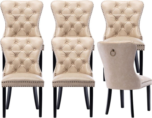 Beige Leather Dining Chairs Set of 6 Mid Century Modern Tufted Chairs Armless Rubber Wood Vintage Chairs Upholstered Nailhead PU Side Chair with Pull Ring for Kitchen/Cafe Decor Furniture