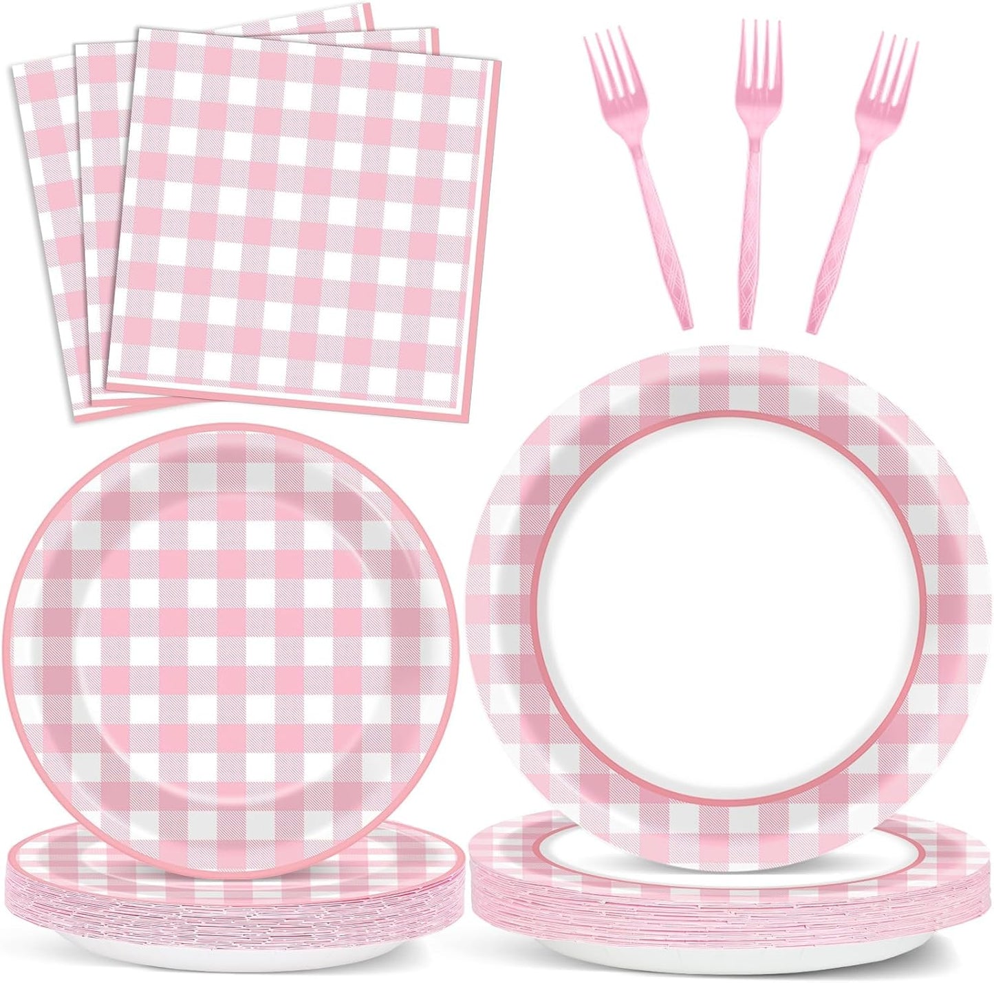 ZOIIWA 200 PCS Pink Gingham Tableware Disposable Pink And White Checkered Party Supplies Dinnerware Set Plaid Plates Outdoor Supplies Girls Barbecue Picnic Birthday Party Decoration Serve 50 guest
