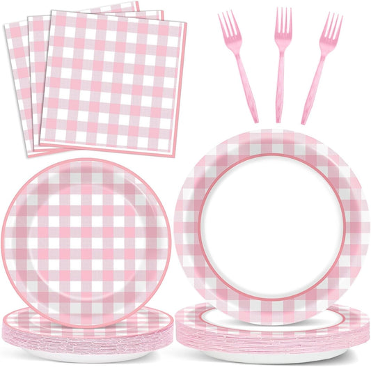 ZOIIWA 200 PCS Pink Gingham Tableware Disposable Pink And White Checkered Party Supplies Dinnerware Set Plaid Plates Outdoor Supplies Girls Barbecue Picnic Birthday Party Decoration Serve 50 guest
