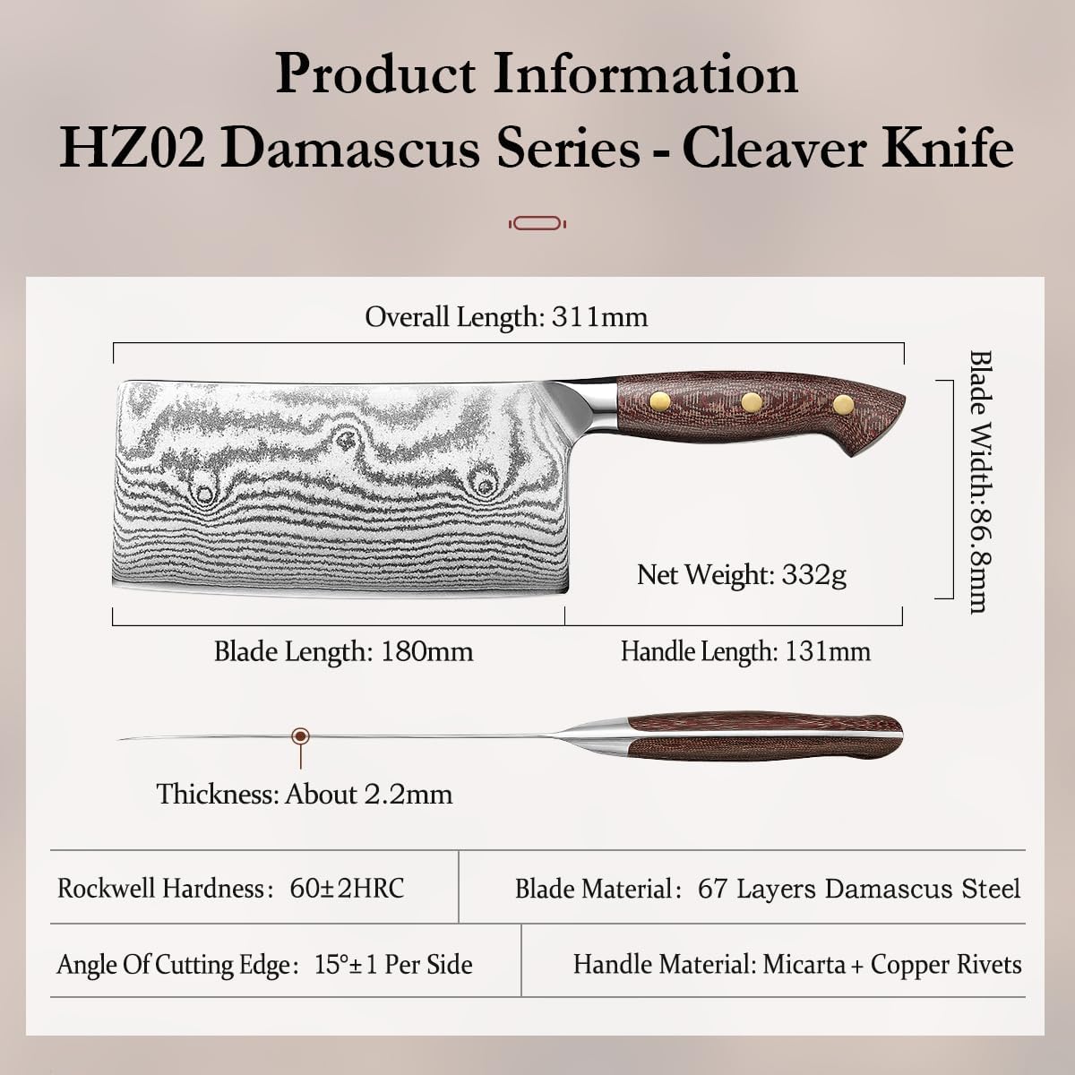 HEZHEN Meat Cleaver Knife,7 Inches, 67 Layers Damascus Steel Kitchen Knife, Professional Cleaver Knife for Meat and Vegetable Cutting, Ultra Sharp, Ergonomic Micarta Handle, Gift Packing