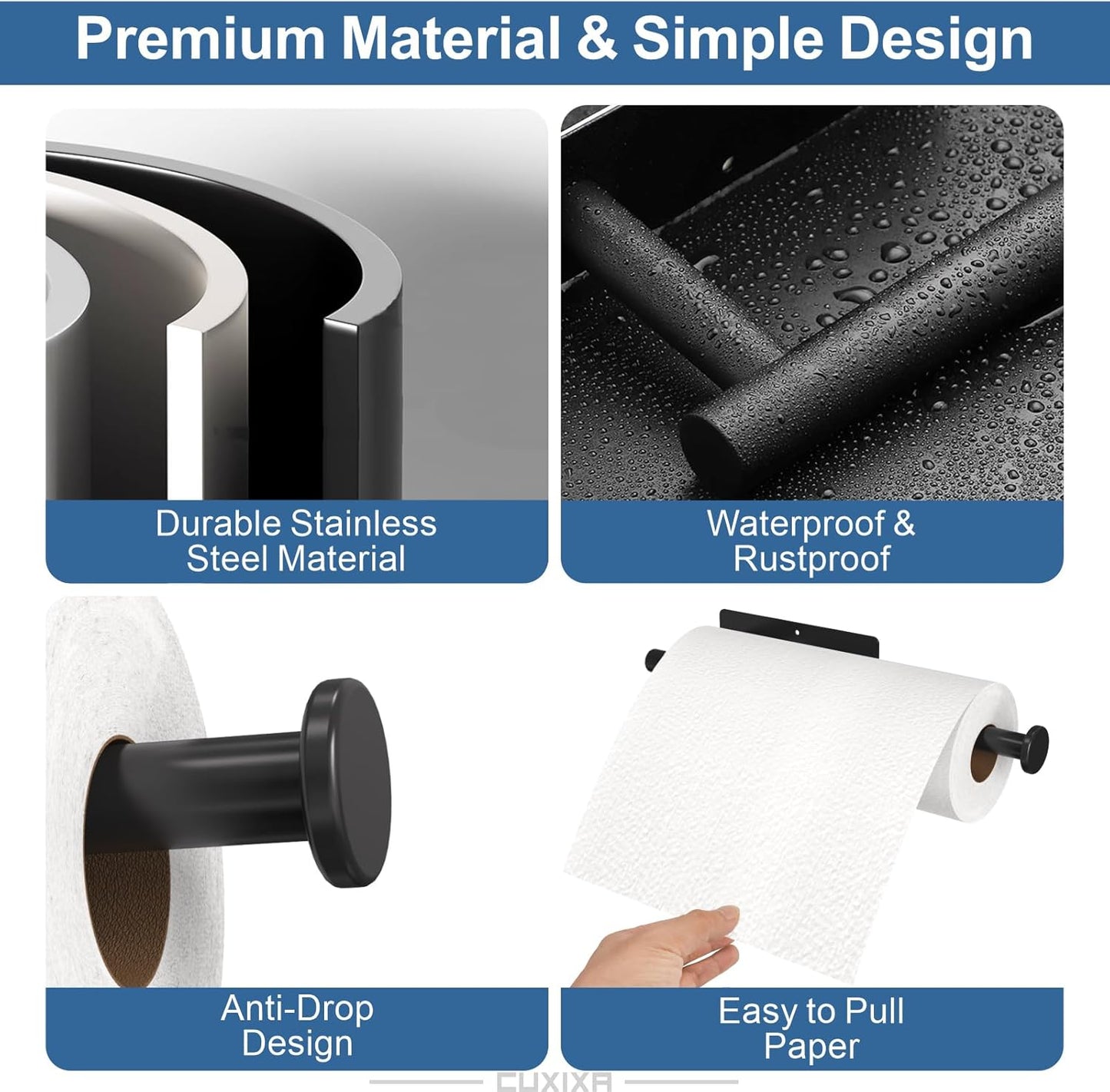 Paper Towel Holder Under Cabinet 2 Pack, Under Counter Paper Towel Holder Wall Mount with Self Adhesive and Screws for Kitchen, Bathroom, RV(Stainless Steel, Black)