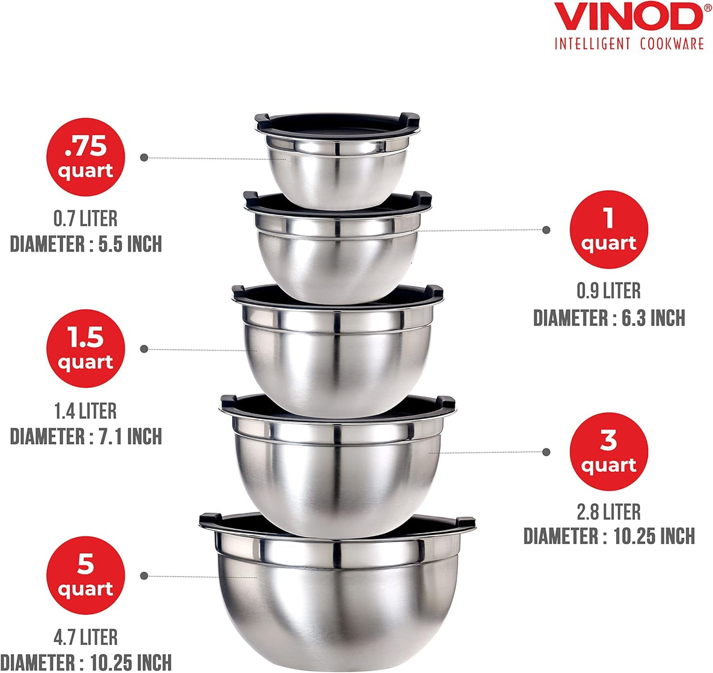 Vinod Cookware Heavy Duty Flat Bottom Stainless Steel Mixing Bowls with Lids, Measuring Cups, Measuring Spoons, Spatula & Stainless Whisk - Bowls for Meal Prep, Cooking, Mixing & Serving - Set of 5