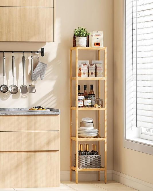 SONGMICS Bamboo Storage Shelf, 5-Tier Shelving Unit, Multifunctional, in the Entryway, Bathroom, Living Room, Balcony, Kitchen, 13 x 13 x 57.5 Inches, Light Bamboo UBCB55Y