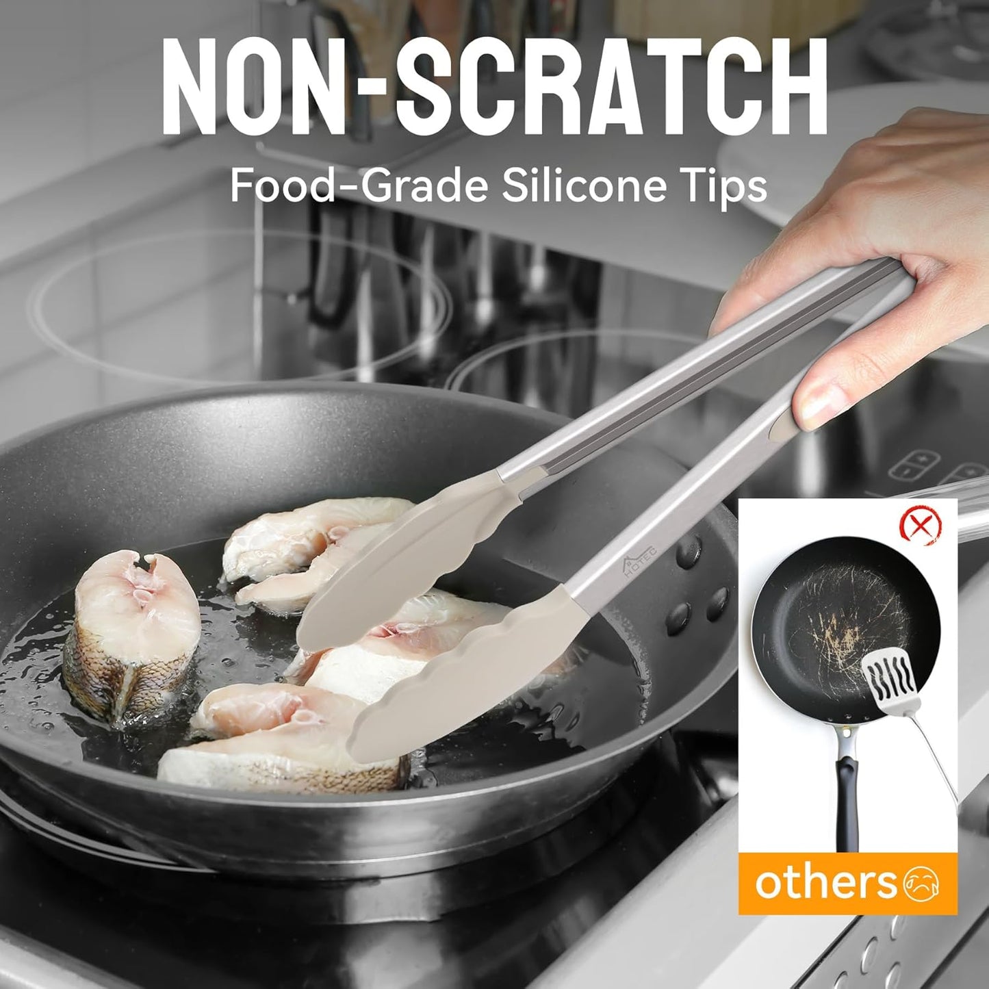 HOTEC Premium Stainless Steel Locking Kitchen Tongs with Silicon Tips, Set of 2-9" and 12",Khaki