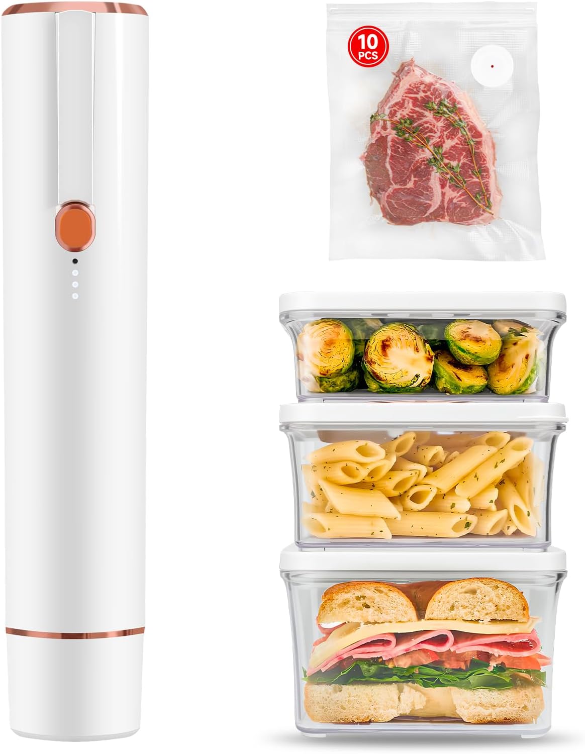 Vacuum Sealer, Vacuum Sealer for Food Compact Handheld Vac Seal Machine, Seal Meal Saver Portable Food Sealer (Vacuum Sealer Machine + 3 Food Storage Containers + 10 Reusable Bags)