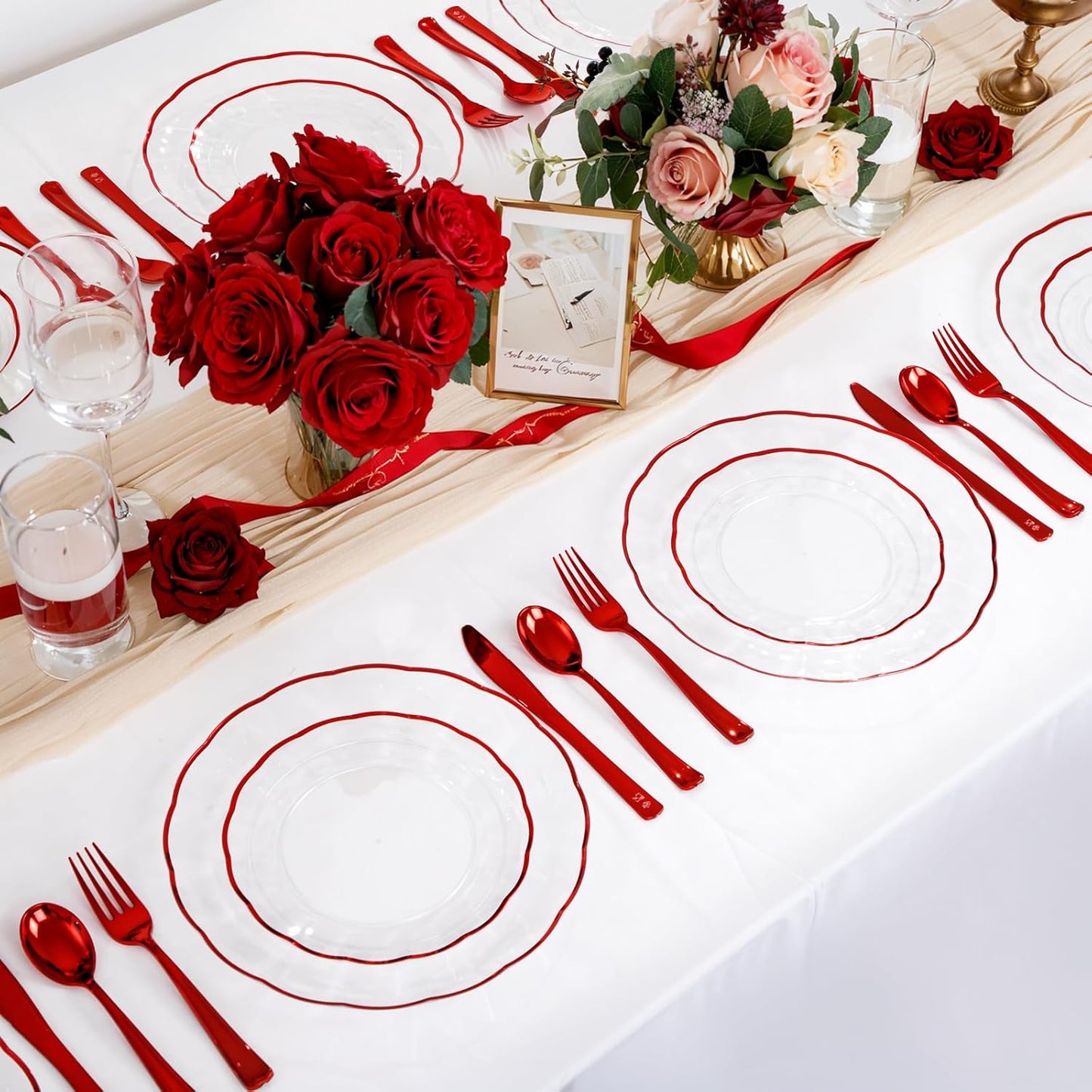 EI 150pcs Clear and Red Plastic Plates,Plastic Plates and sliverware,Clear Disposable Party Dinnerware Set for 30 Guests,Red Wavy Petal Edge Disposable Dinnerware Set for Wedding,Showers,Birthdays.