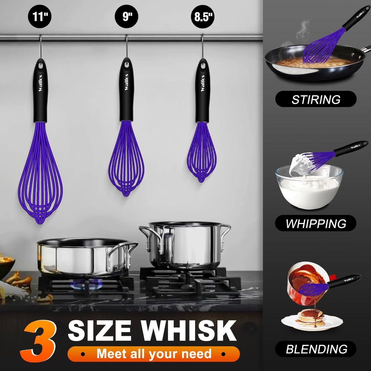 Walfos Whisk,7+9+11in Silicone Whisks for Cooking Non Scatch,Kitchen Whisk,BPA Free and Heat Resistant 480°F,Wisk Perfect for Frothing,Blending,Beating.Dishwasher Safe 3pcs Dark Purple