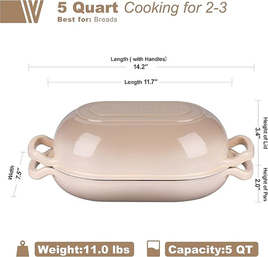 Enameled Cast Iron Sourdough Bread Oven, Dutch Oven, Loaf Cast Iron Bread Pan for Homemade Bread Baking, Meatloaf Pan with Lid, 5QT, Latte