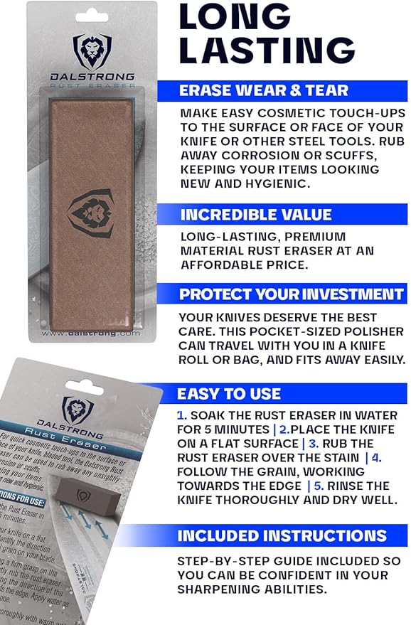 Dalstrong Premium Rust Remover & Eraser - Knife Maintenance and Care - For Knives, Scissors, Stainless Steel Pots and Pans, Whetstones - Sharp Polish for Tools - Calcium Carbonate