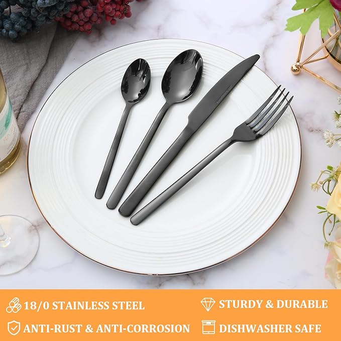 KOOMADE-Elysian -24 Piece Set Black Stainless Steel Home Kitchen Flatware Include Forks Spoons Knives Great for Family Gatherings & Daily Use