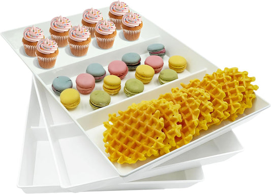 Divided Serving Tray Platter, 3 Pack 15" x 10" Fruit Veggie Food Tray for Party, Plastic Serving Trays for Appetizer, Snack, Dessert, Cookie, Brunch Decorations Platters, White Trays BPA-Free