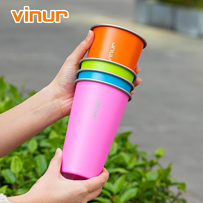 VINUR 20 oz Stainless Steel Cups 4 Pack Pint Tumbler Stackable Metal Drinking Glasses for Travel, Camping, Outdoors (Sky Blue-Orange-Hot Pink-Apple Green)
