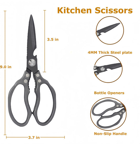 Heavy Duty Sharp Kitchen Scissors - Dishwasher Safe Black Cooking Shears for Meat, Chicken, Fish, Poultry, Herb, Bread (All Black)