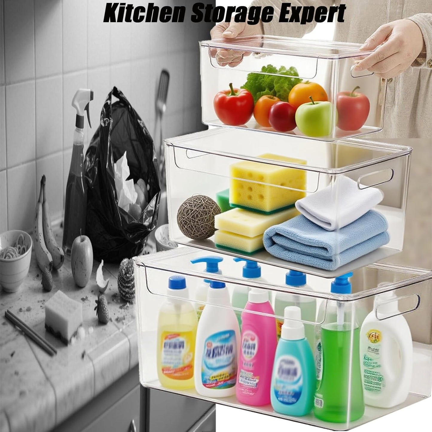 3 Pack Trash Bag Organizer Under Sink, Stackable Plastic Garbage Bags Holder with Lid, Trash Bag Dispenser Roll Storage for Kitchen, Pantry & Laundry Room Organization