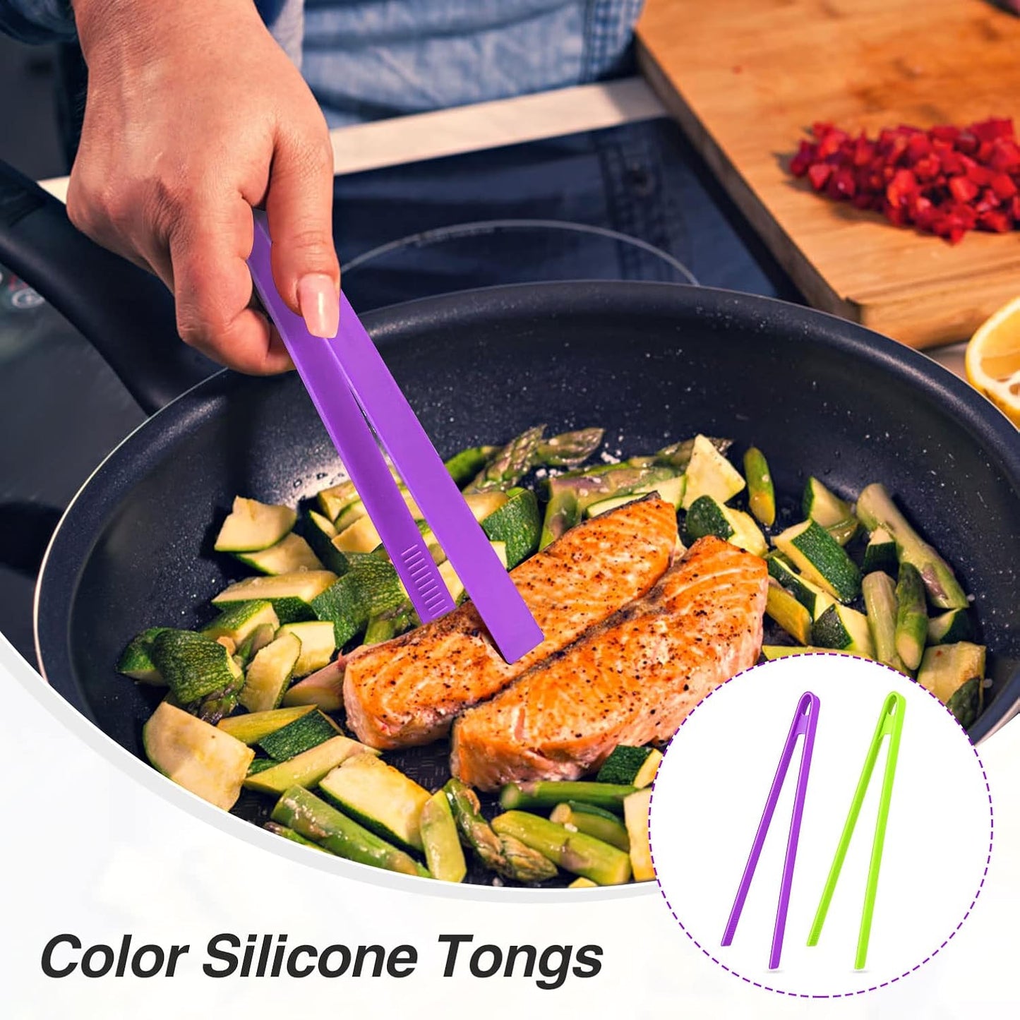 2-Piece Silicone Trivet & Tongs, 11.8 Inch, Non-Stick, Heat Resistant, BBQ & Grilling, Green & Purple