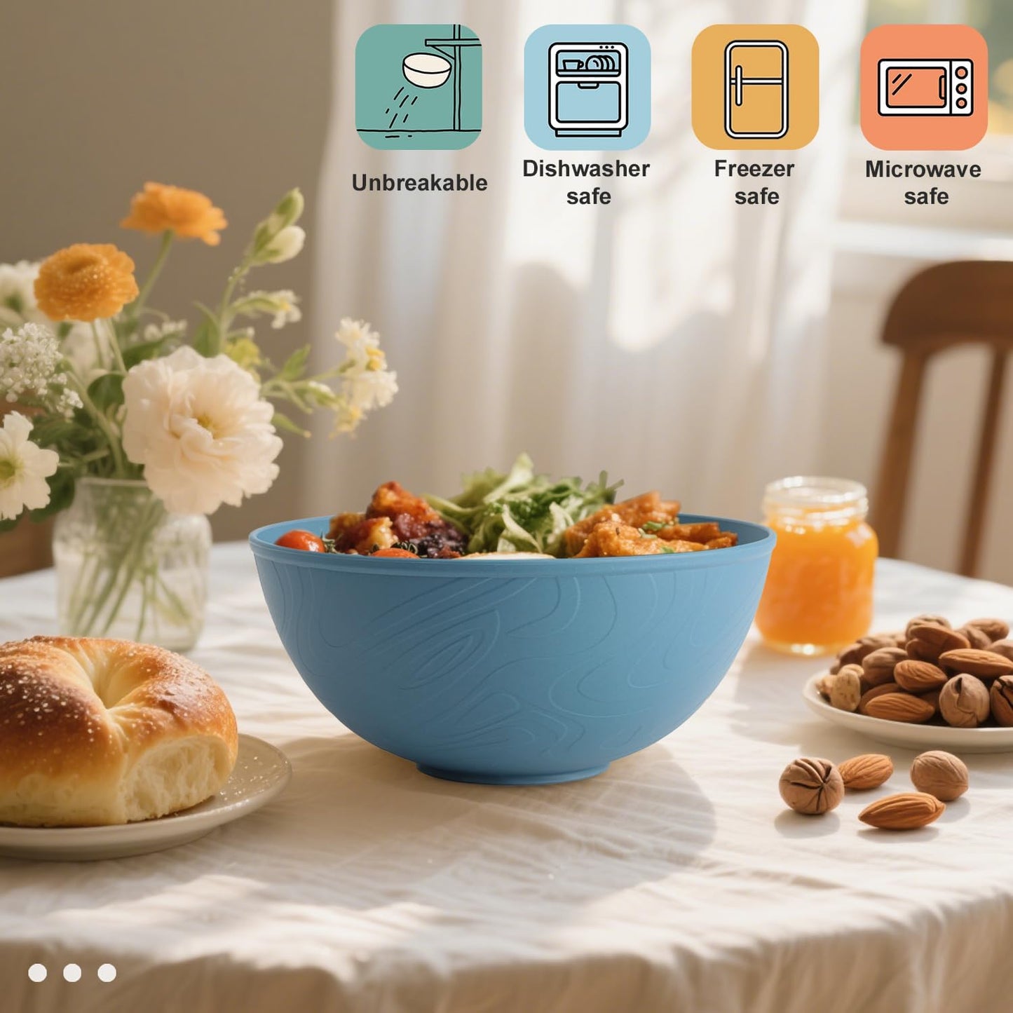 Wrova Wheat Straw Salad Bowls for Kitchen set of 6,Anit-Scald Thick Soup Bowls 40oz,Microwave and Dishwasher Safe Bowl set easy to clean. Blue