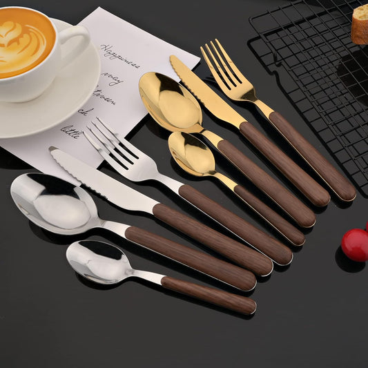 JASHII Wood Handle Flatware Set, 20 Pieces Stainless Steel Silverware Cutlery Set, Mirror Polished, Round Knife Fork Spoon Set, Dishwasher Safe - Round Head Silver