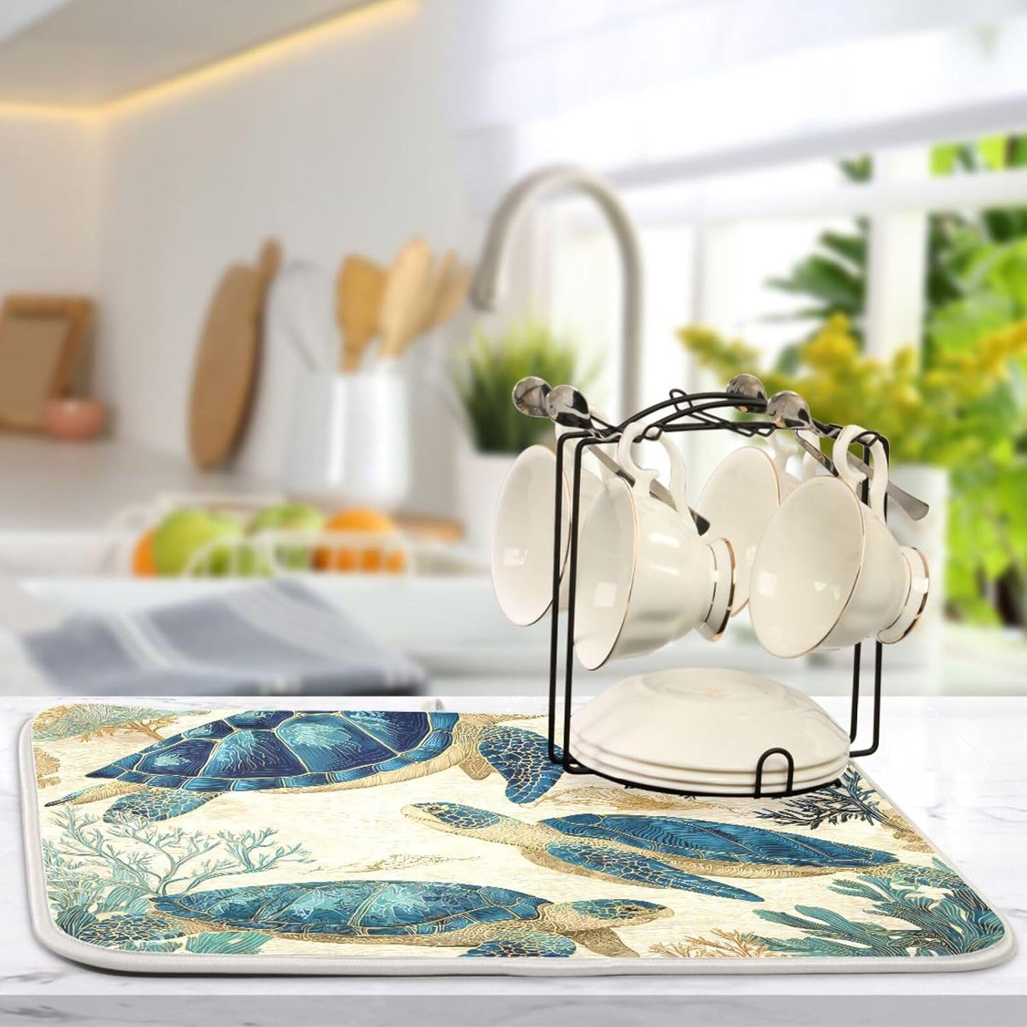 Watercolor Sea Turtle Swimming Pattern Dish Drying Mat Super Absorbent Drying Mat 18x24 inch Large Dish Drying Mats for Kitchen Counter Dish Drying Pads Kitchen Drying Matt for Countertop