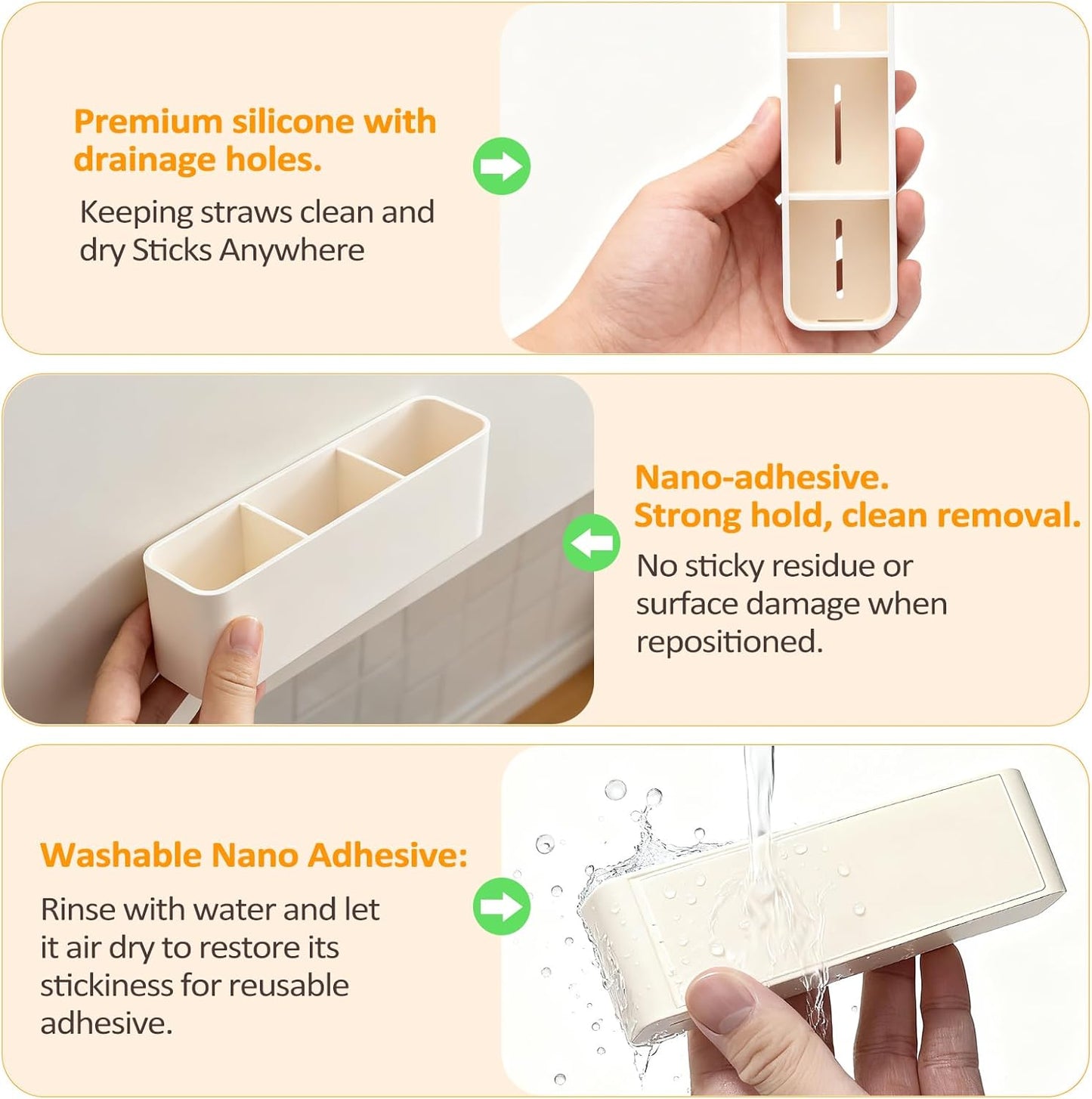 2-Pack Silicone Straw Holder for Cabinet Door,Reusable Adhesive Container for Kitchen Storage Solutions, Cupboard Organizer and Space Saving Hacks (White)