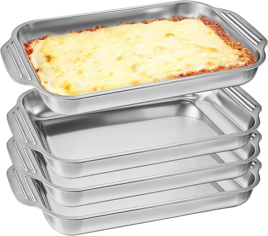 4Pcs Rectangle Cake Pans 9 x 13 Inch Baking Pan Stainless Steel Cake Pan Rectangular Bakeware Baking Tray for Cakes Breads Fish Vegetables Dishwasher Safe